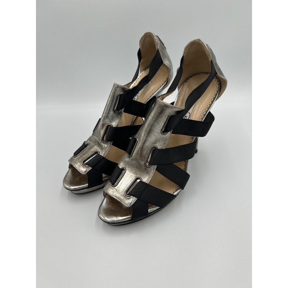 Oscar de la Renta Metallic Silver Black Strappy Platform Sandals Heels Size 39